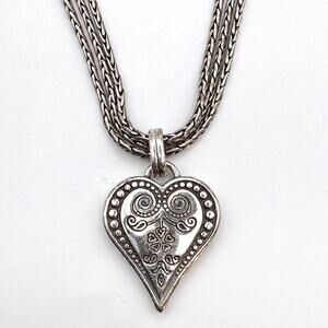 BRIGHTON FRENCH QUARTER Heart Pendant Triple Chain Necklace Silver Plated 17"